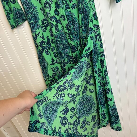 Dolma Green Print Long Sleeve V-Neck Maxi Dress 100% Cotton J34 - Picture 4 of 7